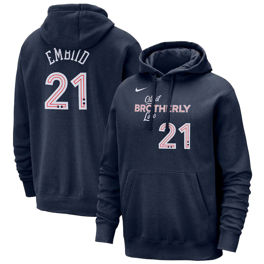 Men's Philadelphia 76ers #21 Joel Embiid Navy 2023/24 City Edition Name & Number Pullover Hoodie